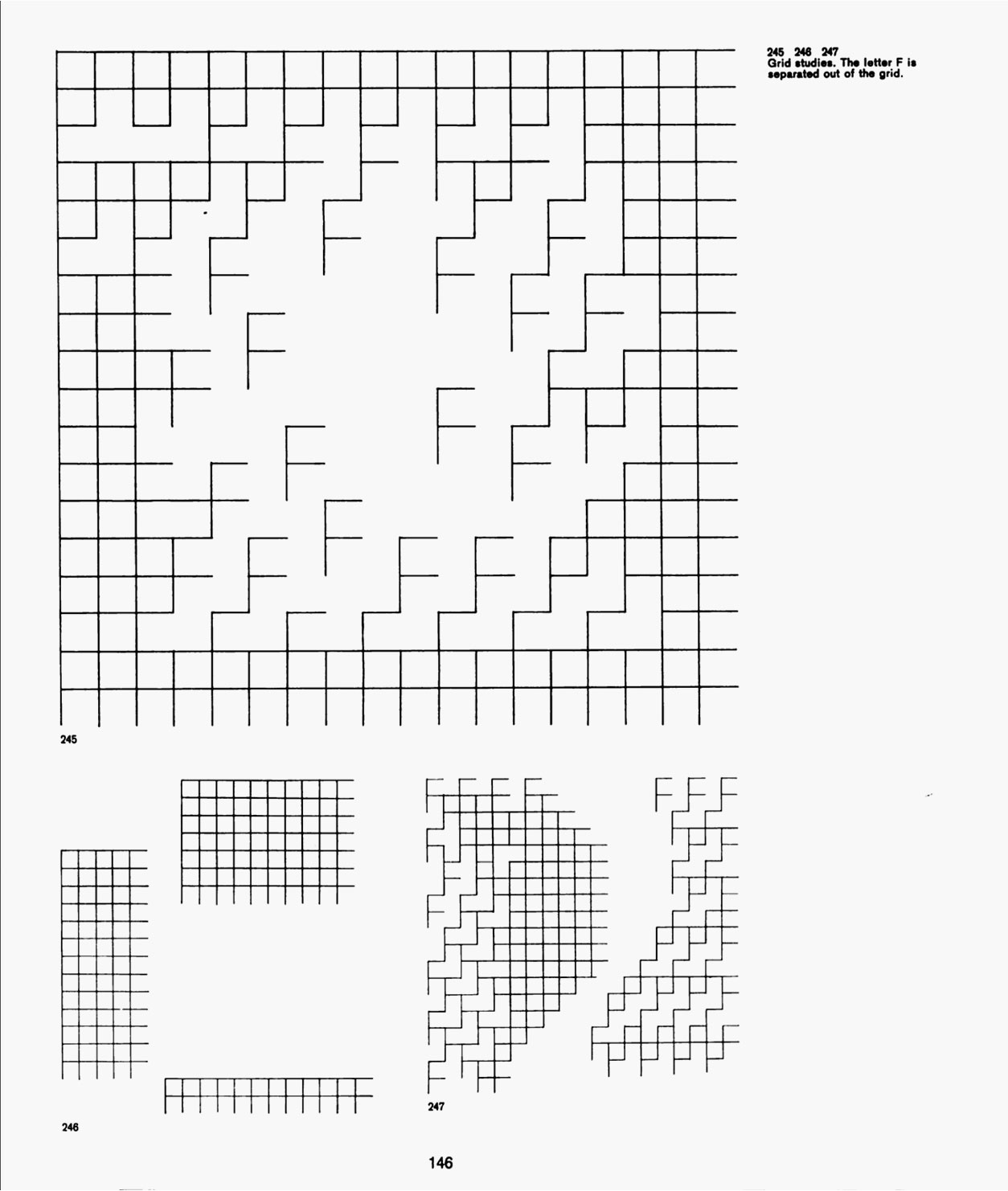 Page 146. A grid study with the use of the letter 'F' The letter F is used to creat an abstract grid.