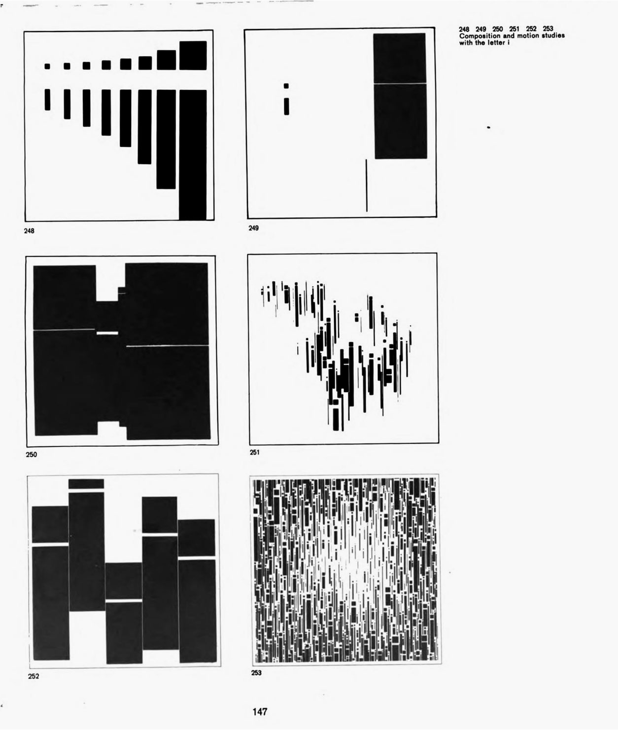 Page 147. Four different compositions created only with the letter i. The i's vary in shape and size.