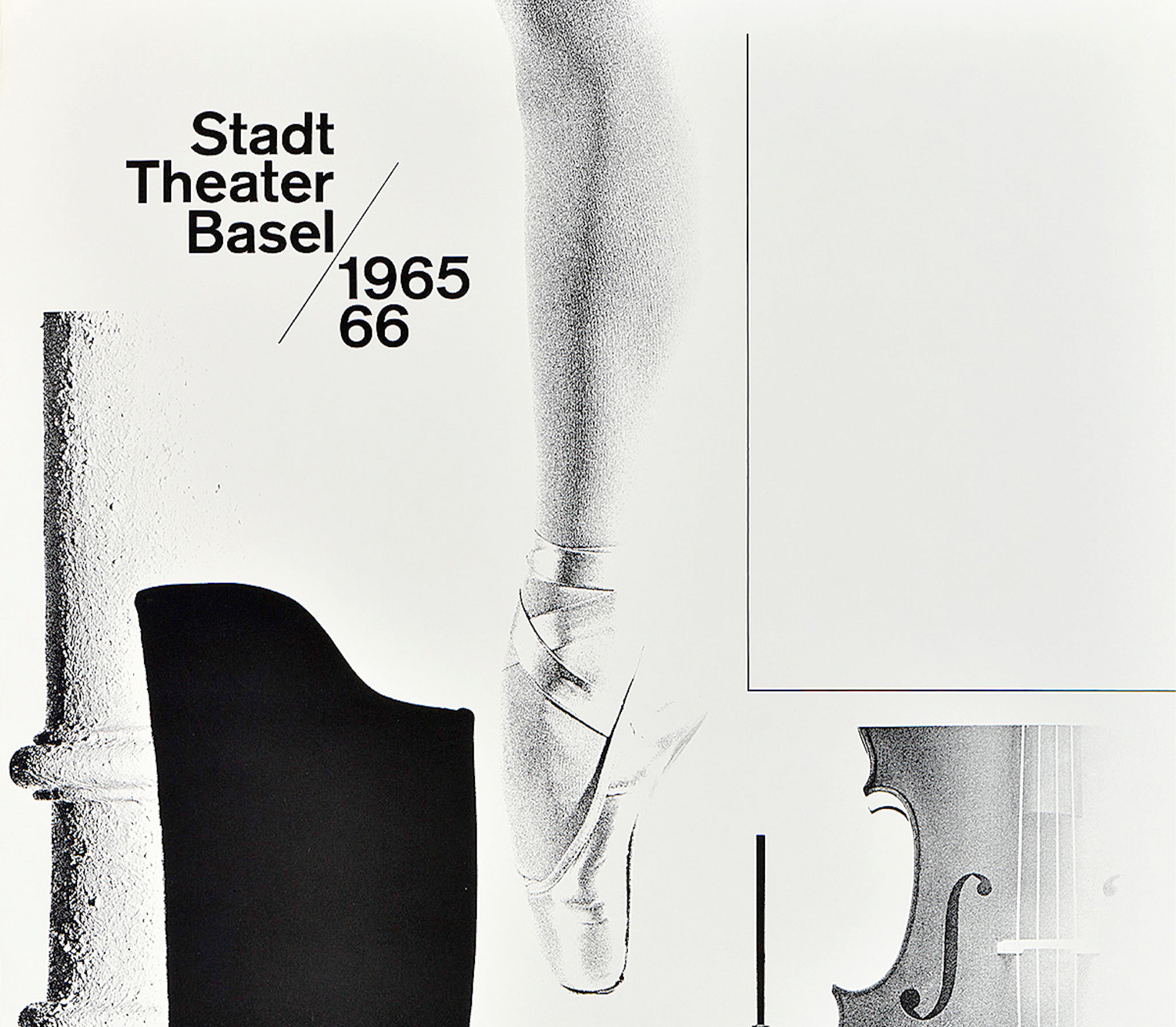 A white poster with a collection of black and white images of a ballerina leg, cowboy boot, a column, a stand, a violin, and Stadttheater Basel 1965/66 as the title