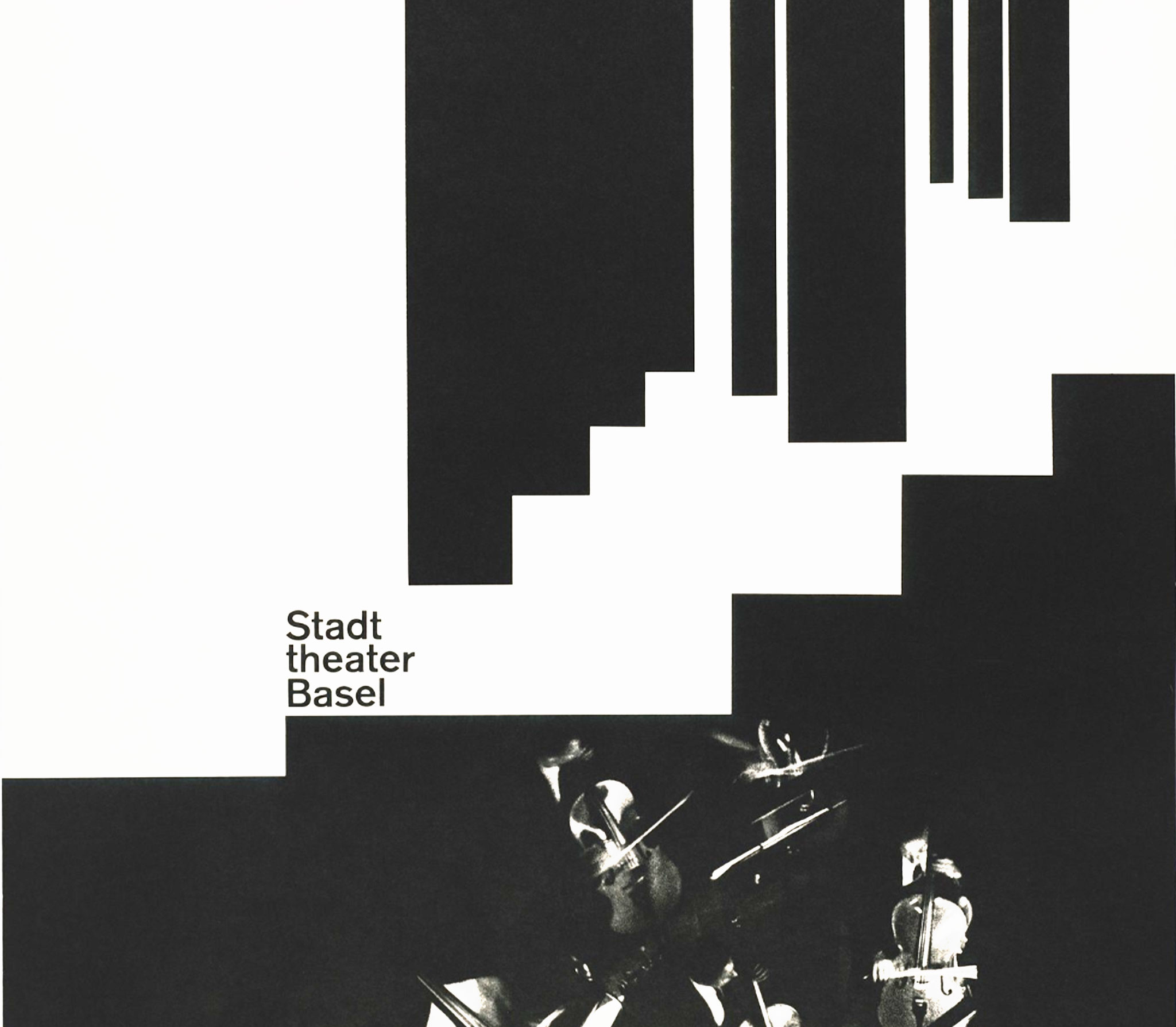 A black and white high contrast poster of an abstract arrangement of different sized rectangles. Within the bottom section of the rectangles there is an image that blends into the black that shows a group of cello players. The Stadttheater title is located in left center portion of the poster