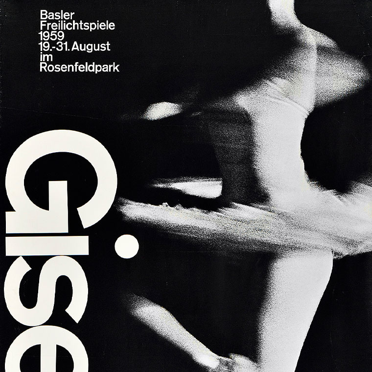 A high contrast black and white poster of a ballerina spinning showing lots of movement and bold vertical text that says Giselle on the left side