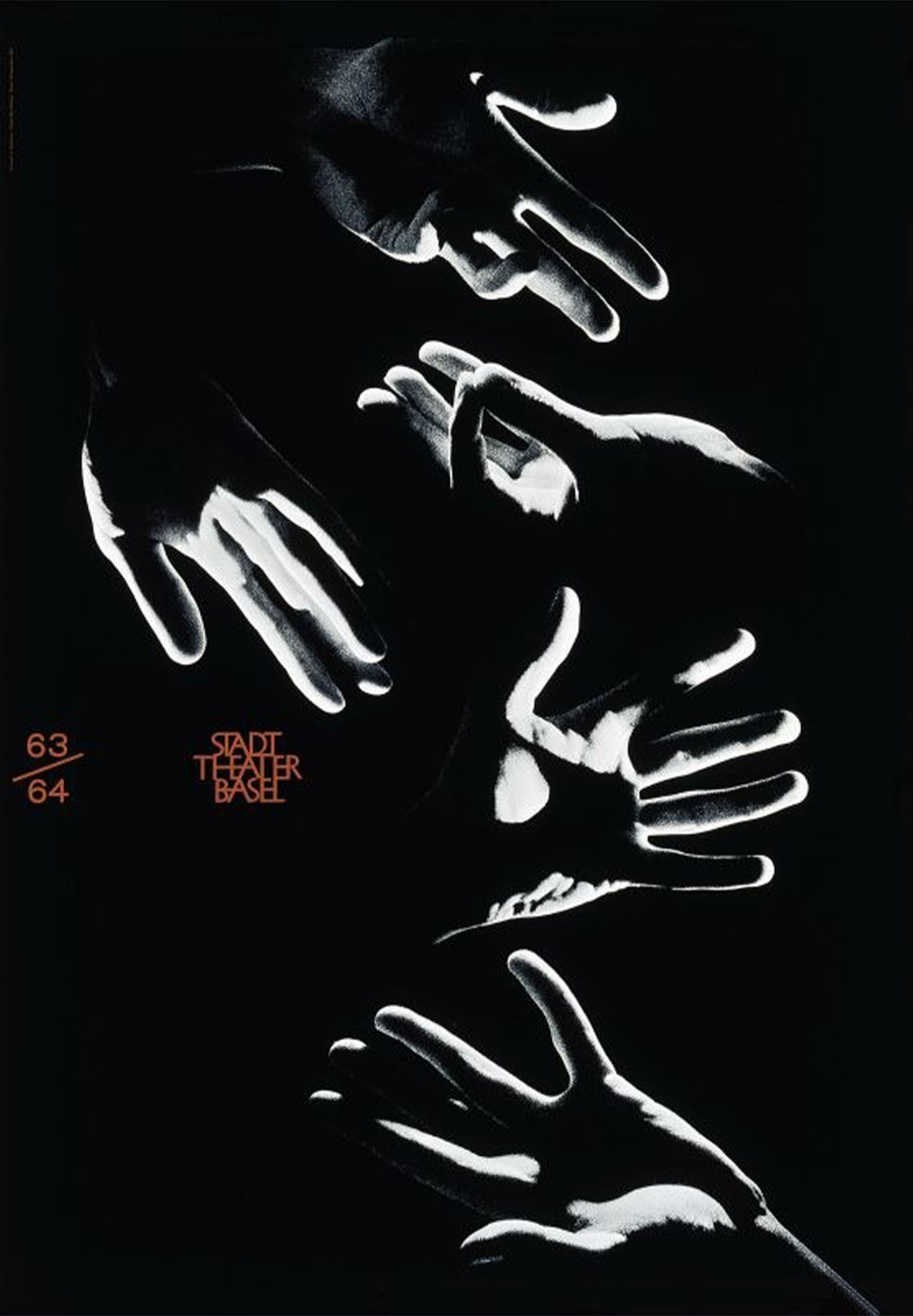 A high contrast black and white poster of various musical conducting hand positions with red type that says 63/64 amd Stadttheater Basel