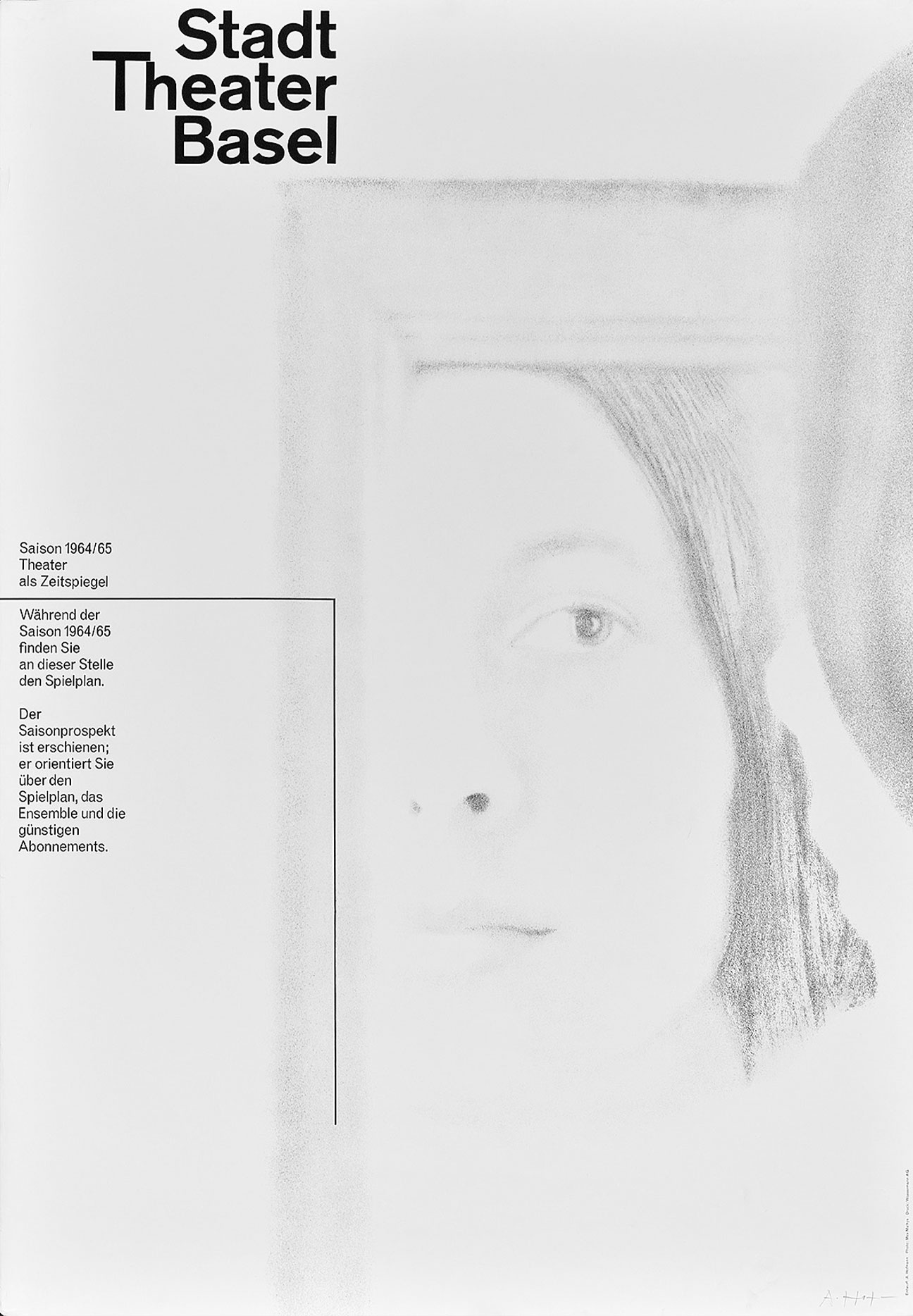 A low contrast soft grey and white image with a graphite drawing of a girl looking into the mirror poster with swedish text on the left side and Stadttheater Basel as the title