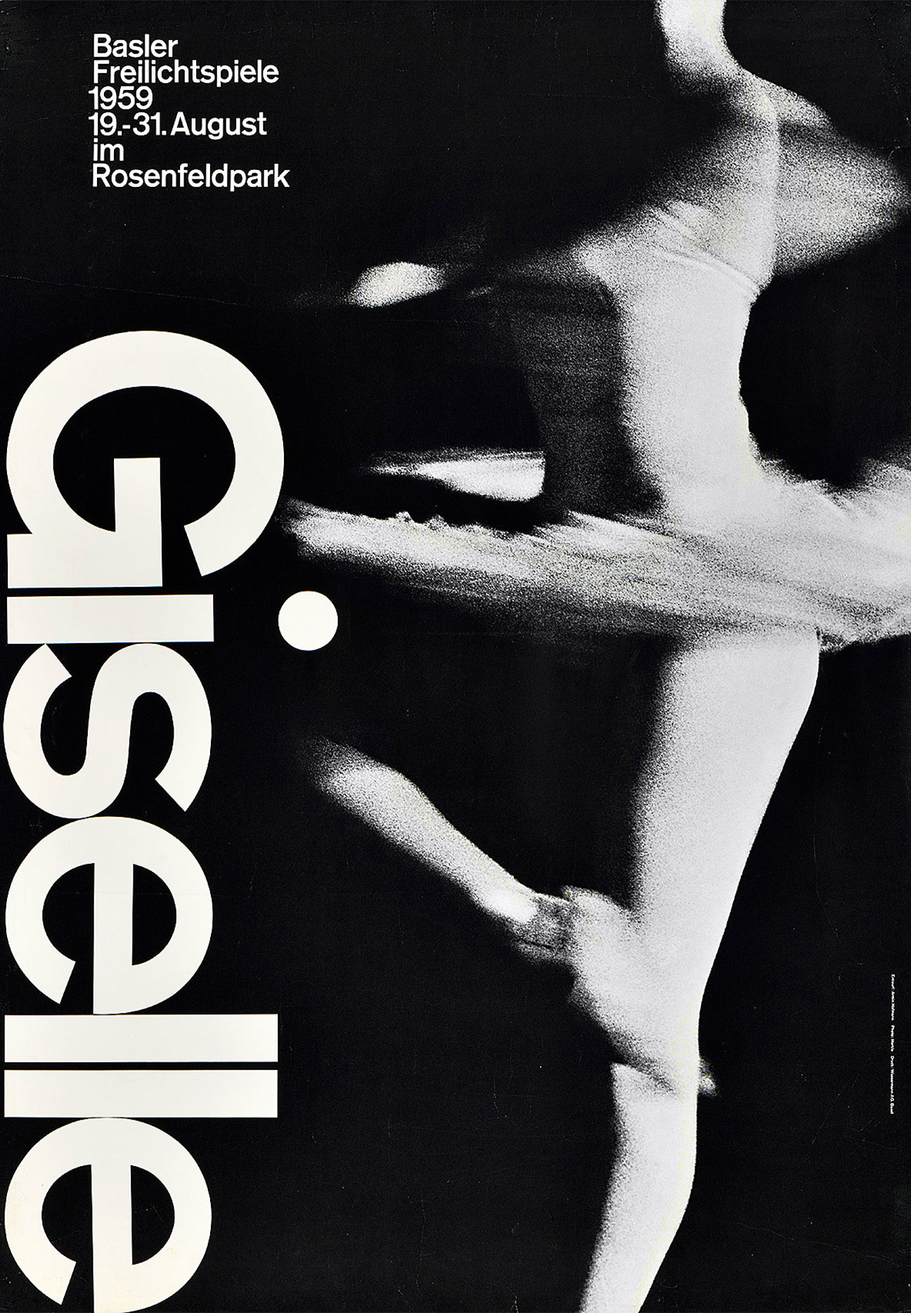 A high contrast black and white poster of a ballerina spinning showing lots of movement and bold vertical text that says Giselle on the left side