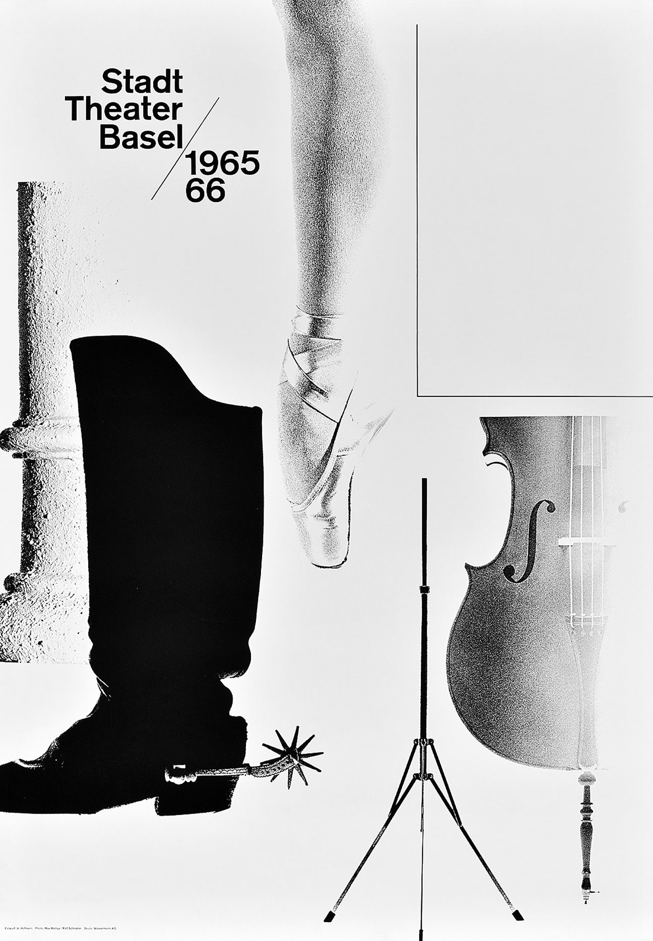 A white poster with a collection of black and white images of a ballerina leg, cowboy boot, a column, a stand, a violin, and Stadttheater Basel 1965/66 as the title