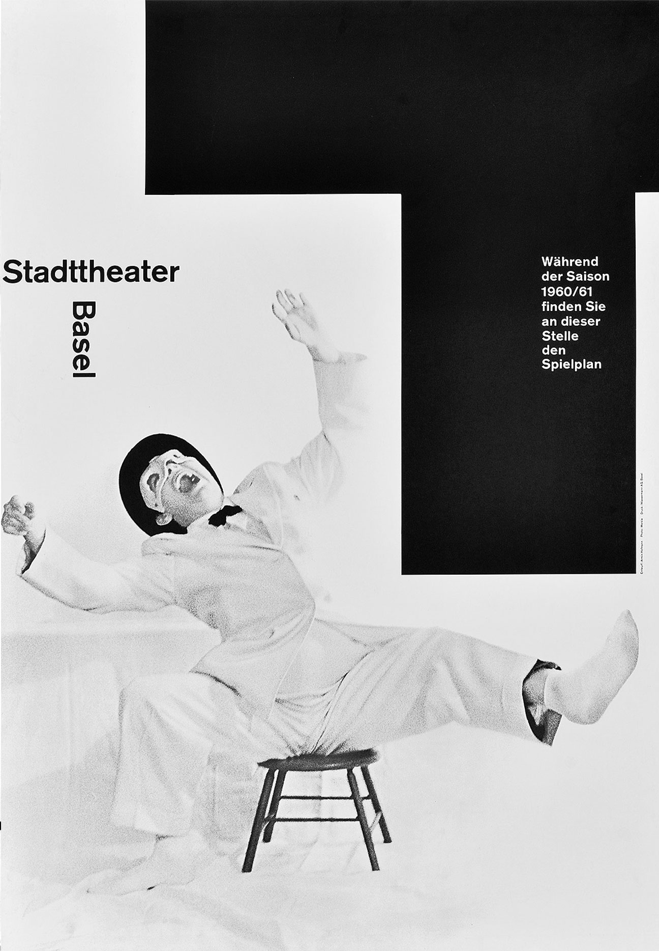 A black and white poster of a man sitting on a stool almost falling off from his laughing. It has a title that says Stadttheater Basel on the left and swedish text on the right