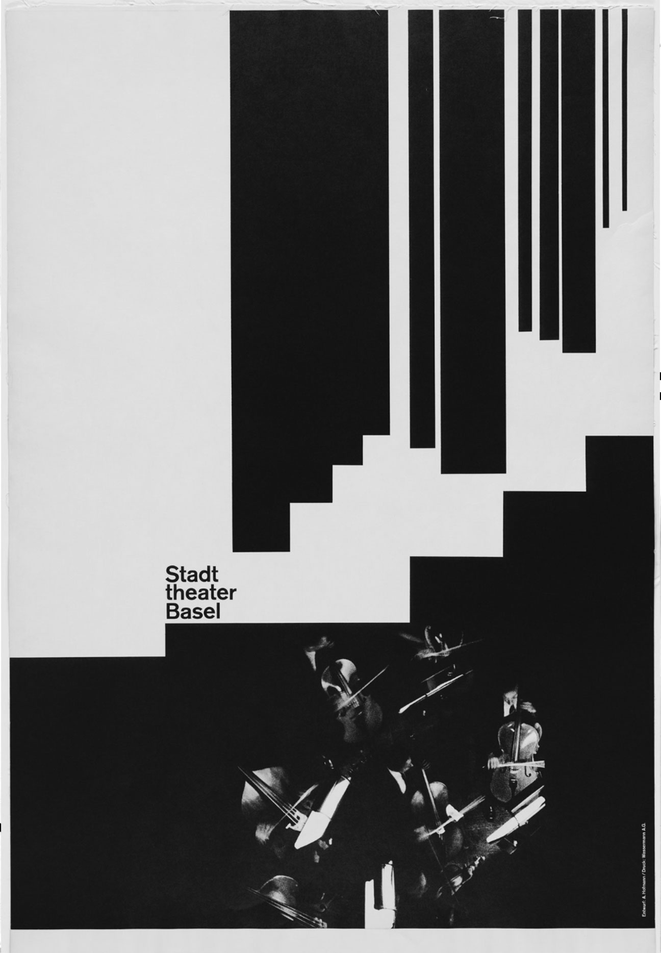 A black and white high contrast poster of an abstract arrangement of different sized rectangles. Within the bottom section of the rectangles there is an image that blends into the black that shows a group of cello players. The Stadttheater title is located in left center portion of the poster