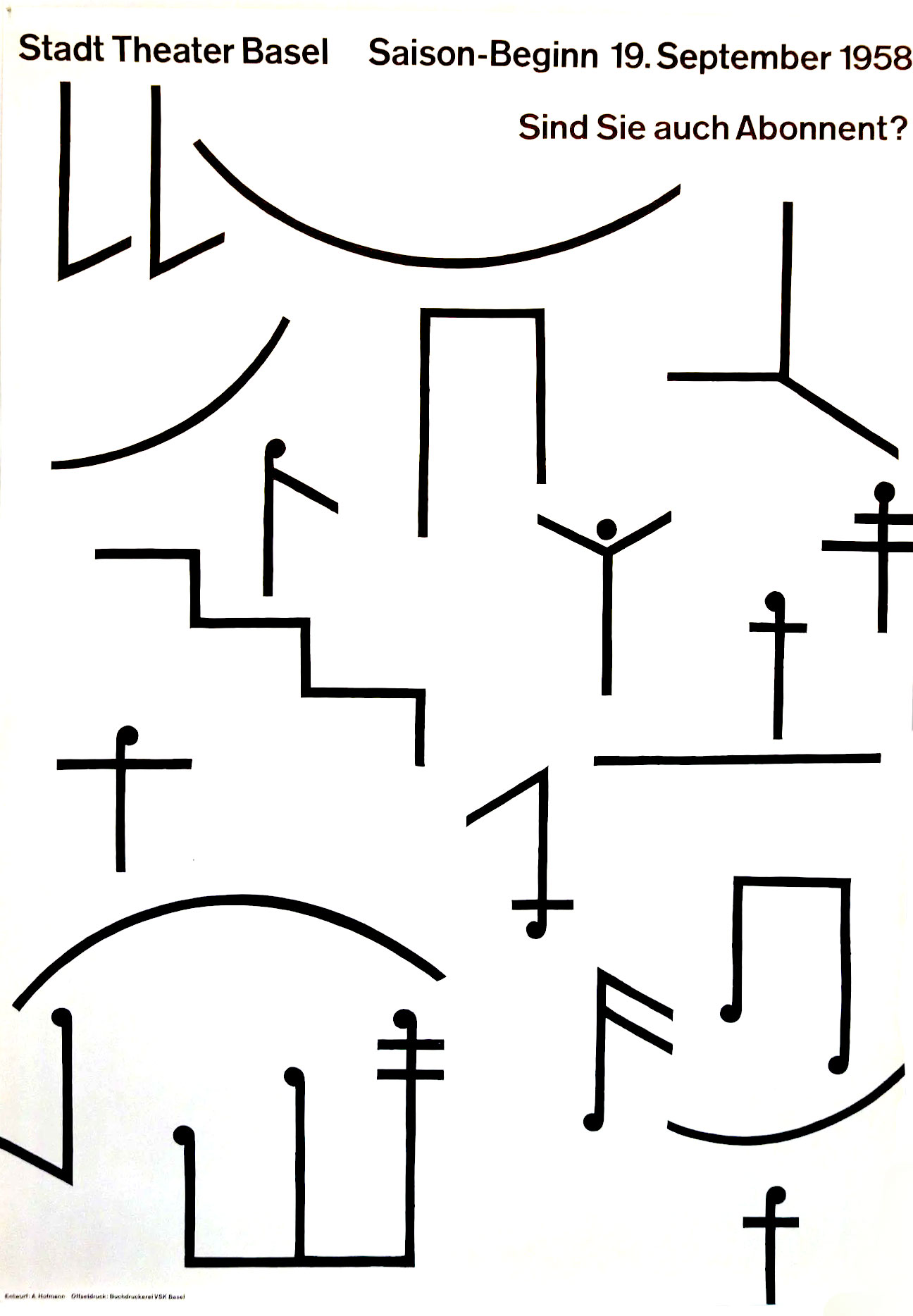 A poster of abstract musical notation with a Stadttheater title located on the top left portion of the poster and swedish type on the top right side.