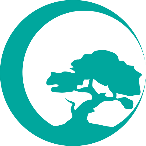 a bonsai tree silhuete on a crescent moon shape as a logo