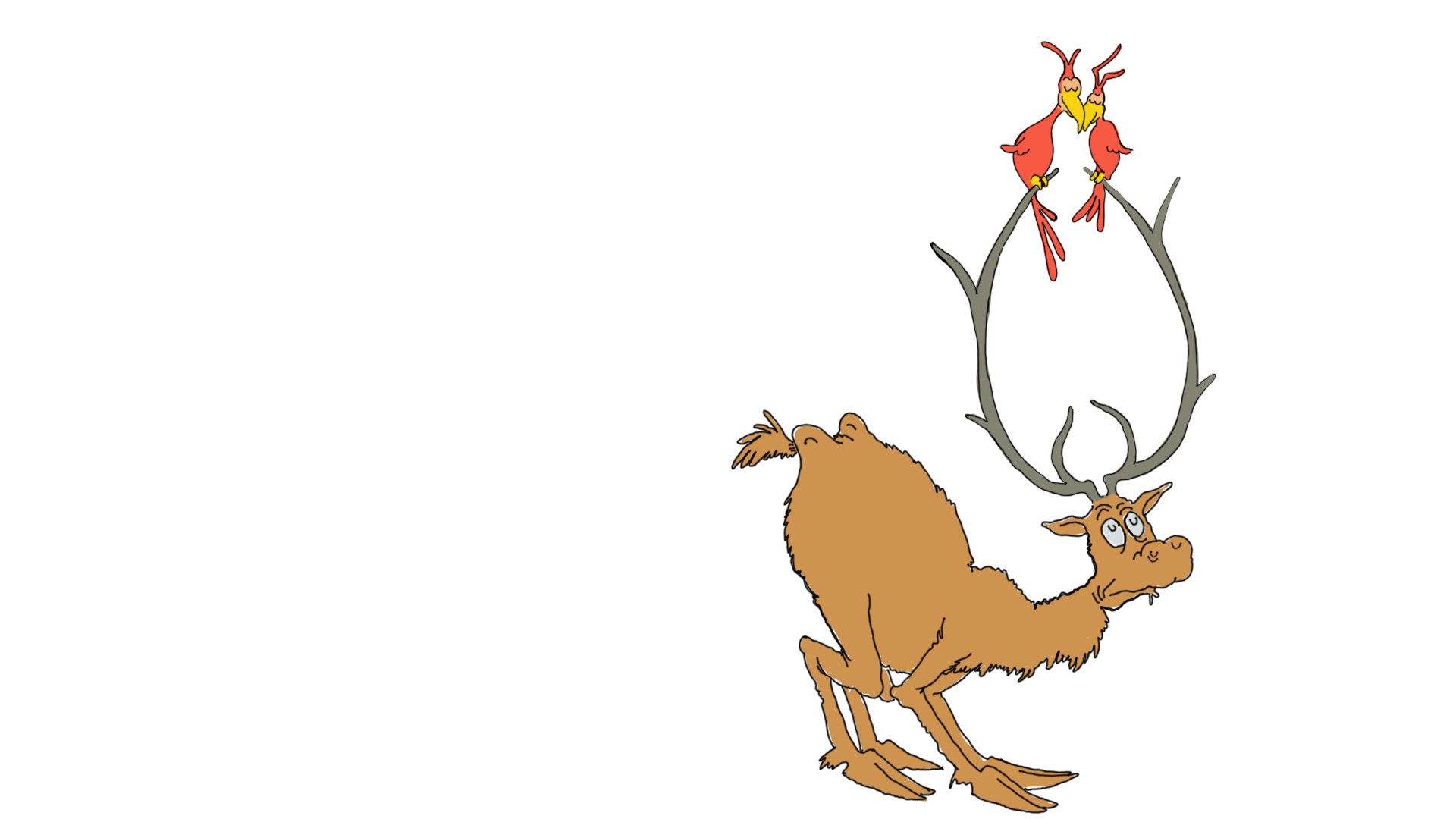 an elk creature with red birds in its antlers