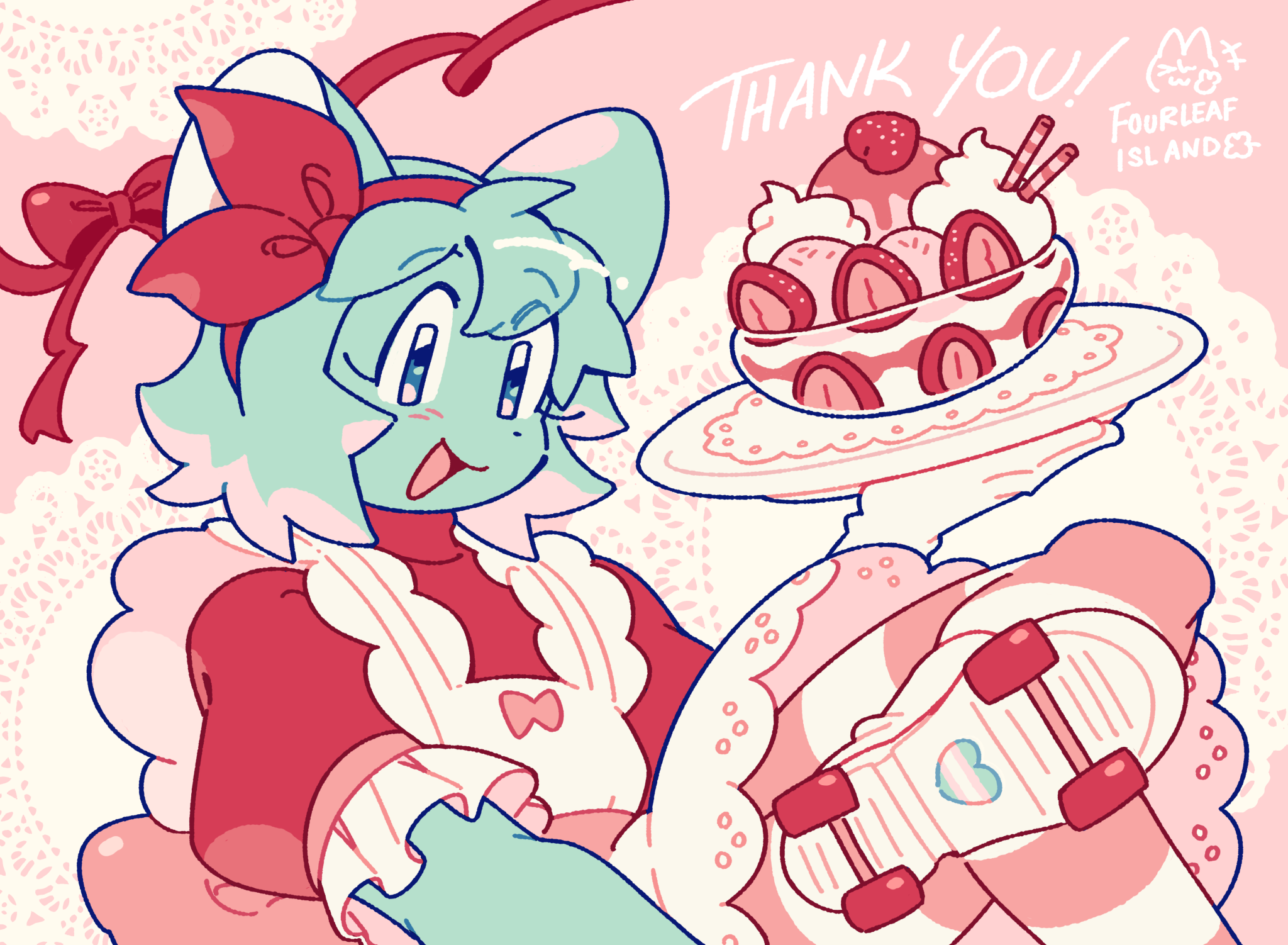 Illustration of anthromorphic cat in a red roller-skating waitress outfit. They are holding a bowl filled with icecream and red strawberries on a single platter.