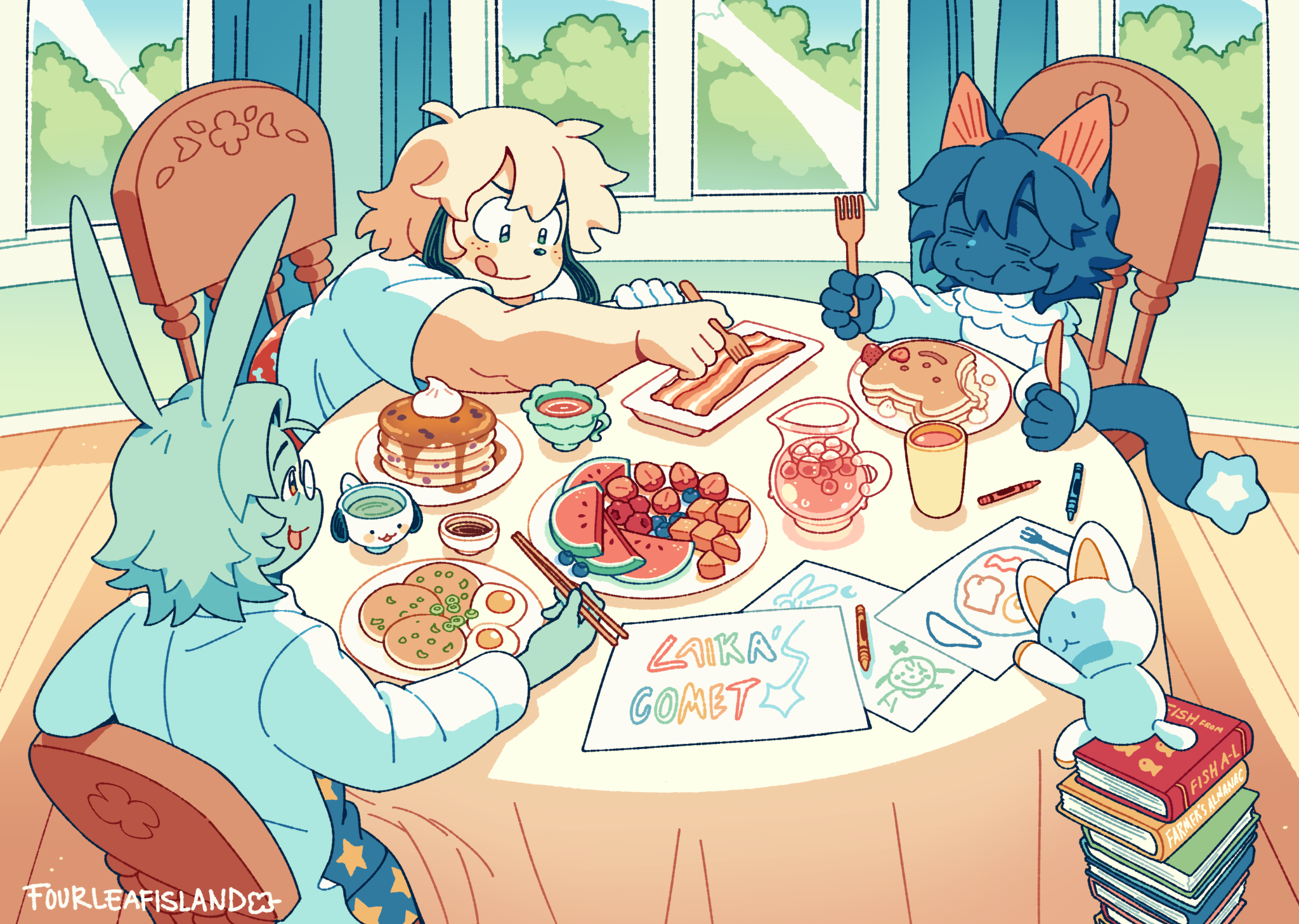 Illustration of the characters from Laika's Comet, gathered around a table eating breakfast and drawing together.