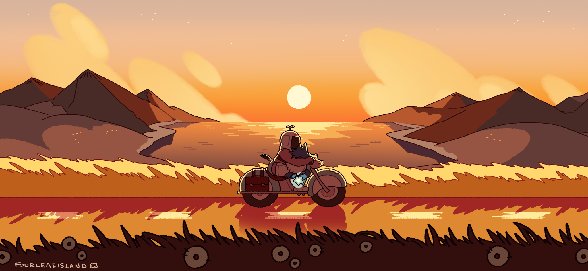 Illustration of two characters from Laika's Comet, riding on a motorcycle together during the sunset.