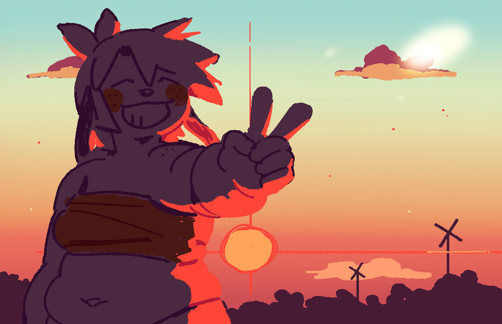 Illustration of the character Laika from Laika's Comet, throwing a peace sign as the sunsets behind her.