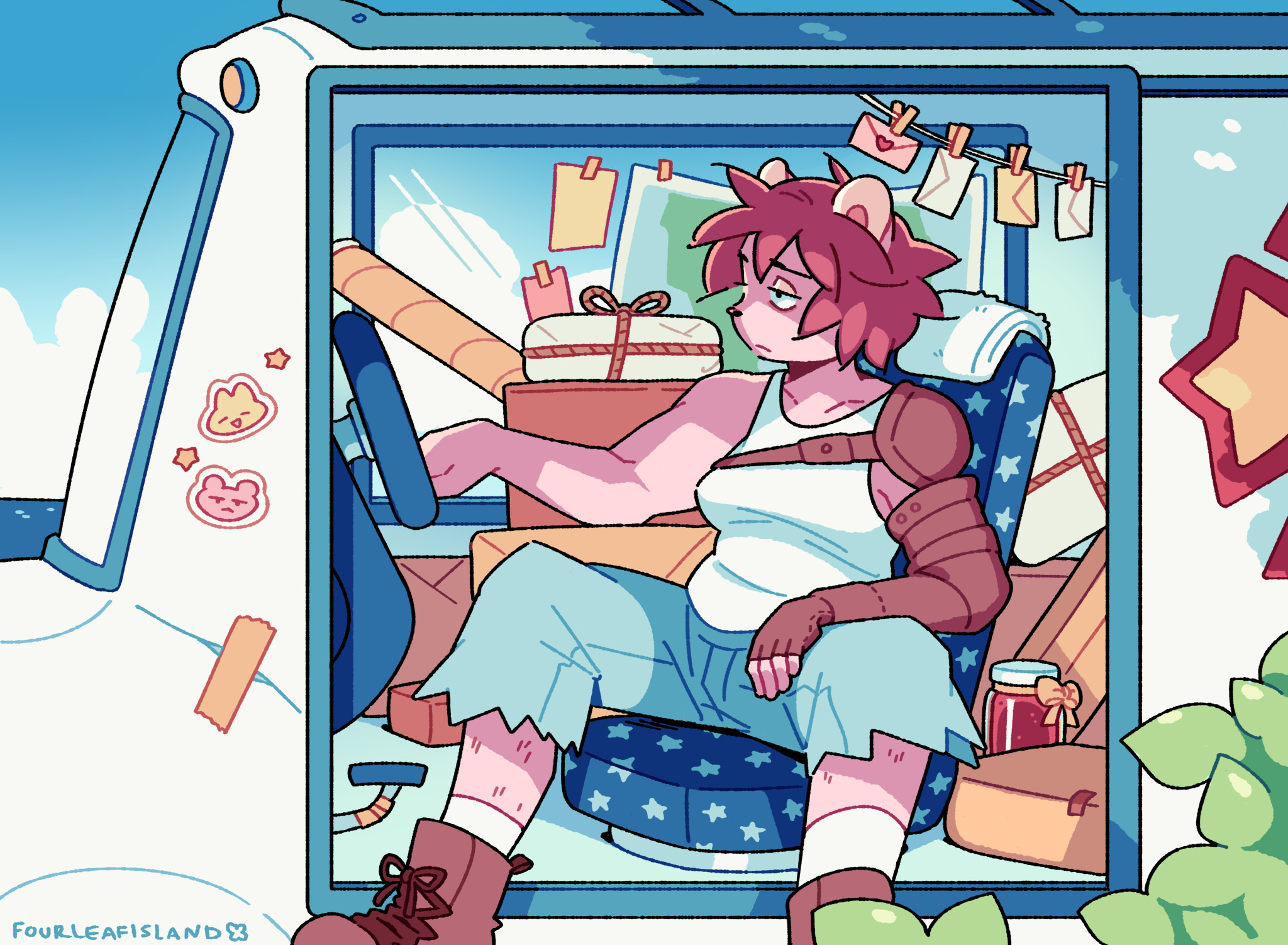 Illustration of a pink-ish anthromorphic bear postal worker sitting inside of a mail carrier van.