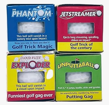 Four boxes of joke golf balls, including a disappearing ball, a jet-streaming ball, an exploding ball, and an unputtable ball.