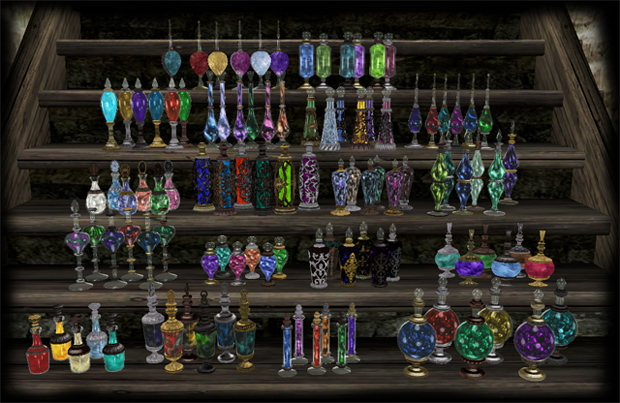 A lot of beautiful potions in glass bottles.