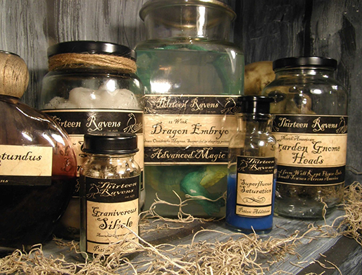 Potions in glass bottles.